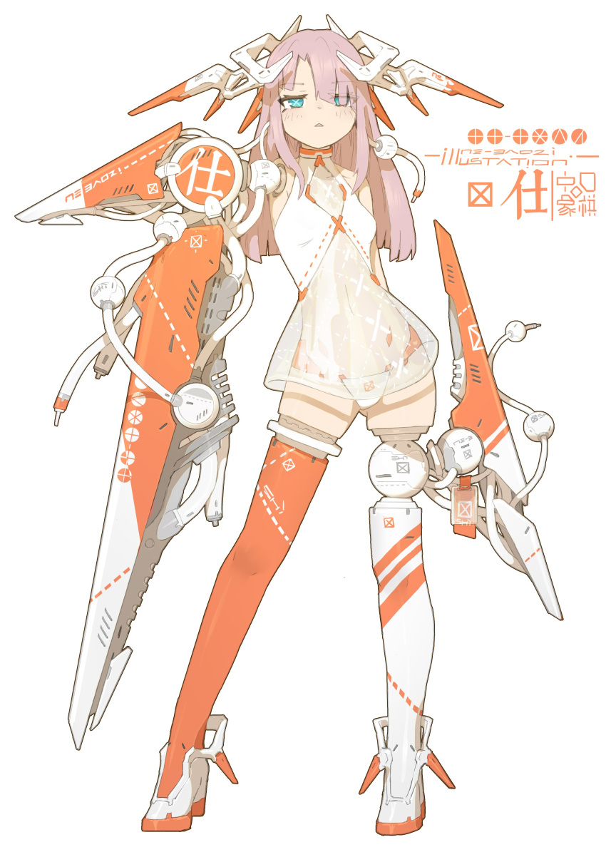1girl :&lt; absurdres bare_shoulders board_game chinese_chess chinese_text contrapposto high_heels highres jitome long_hair looking_at_viewer mecha_musume mechanical_arm multicolored multicolored_eyes ne_baozi open_mouth original personification pink_hair red_chess_experiment see-through simple_background sleeveless solo standing thighhighs white_background zettai_ryouiki