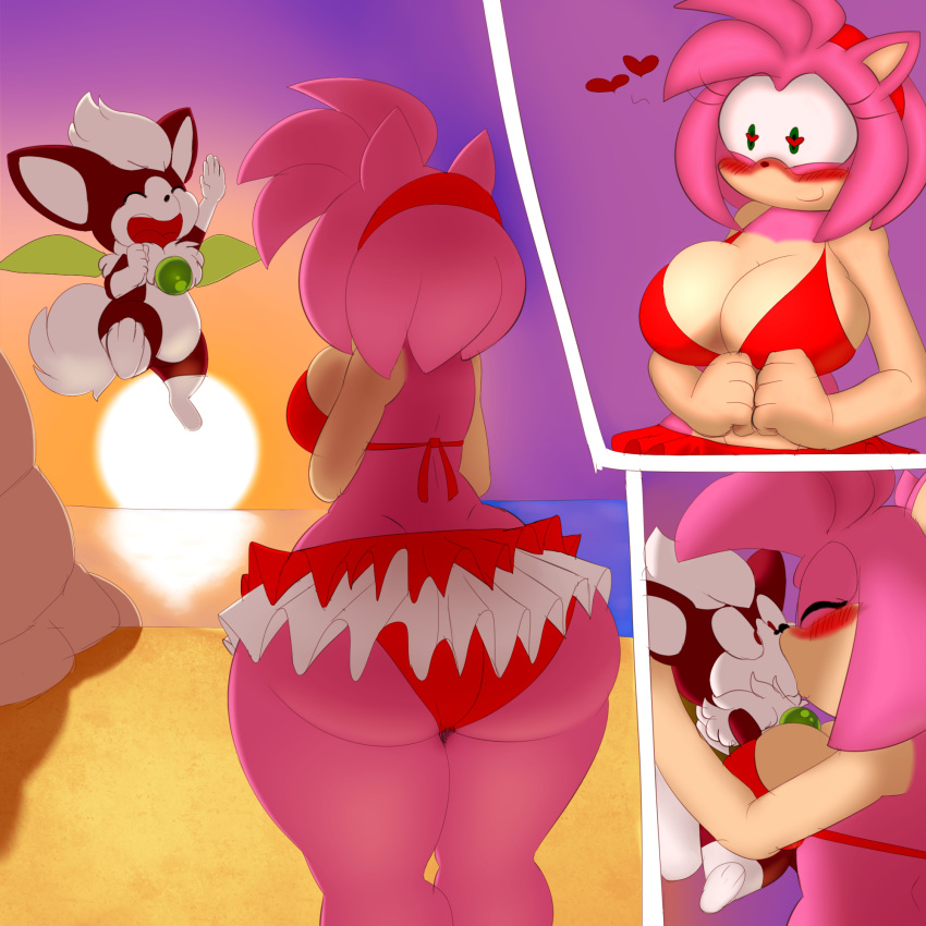 &lt;3 &lt;3_eyes 1:1 amy_rose beach big_breasts big_butt bikini breasts butt chip_(sonic) clothing denizen1414 eulipotyphlan female hedgehog hi_res huge_breasts huge_butt kissing male mammal seaside size_difference smile sonic_the_hedgehog_(series) sonic_unleashed sunset swimwear wide_hips