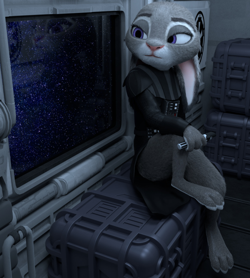 2020 3d_(artwork) anthro barefoot black_clothing claws clothing digital_media_(artwork) disney ears_down eyebrows eyelashes female fingers fur grey_body grey_fur hi_res holding_object holding_weapon inside interior judy_hopps lagomorph leporid lightsaber long_ears mammal melee_weapon melo multicolored_body multicolored_ears multicolored_fur pink_nose pivoted_ears purple_eyes rabbit reflection sith sitting solo star star_wars toes weapon white_body white_fur zootopia