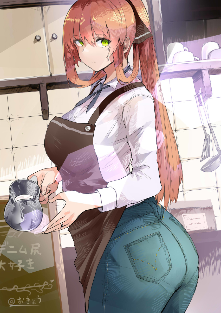 1girl absurdres apron ass breasts brown_apron brown_hair cafe closed_mouth collared_shirt denim girls_frontline green_eyes highres indoors jeans kitchen kyoyakyo large_breasts long_hair m1903_springfield_(girls_frontline) pants ponytail shirt sidelocks solo tied_hair twisted_torso washing_dishes white_shirt