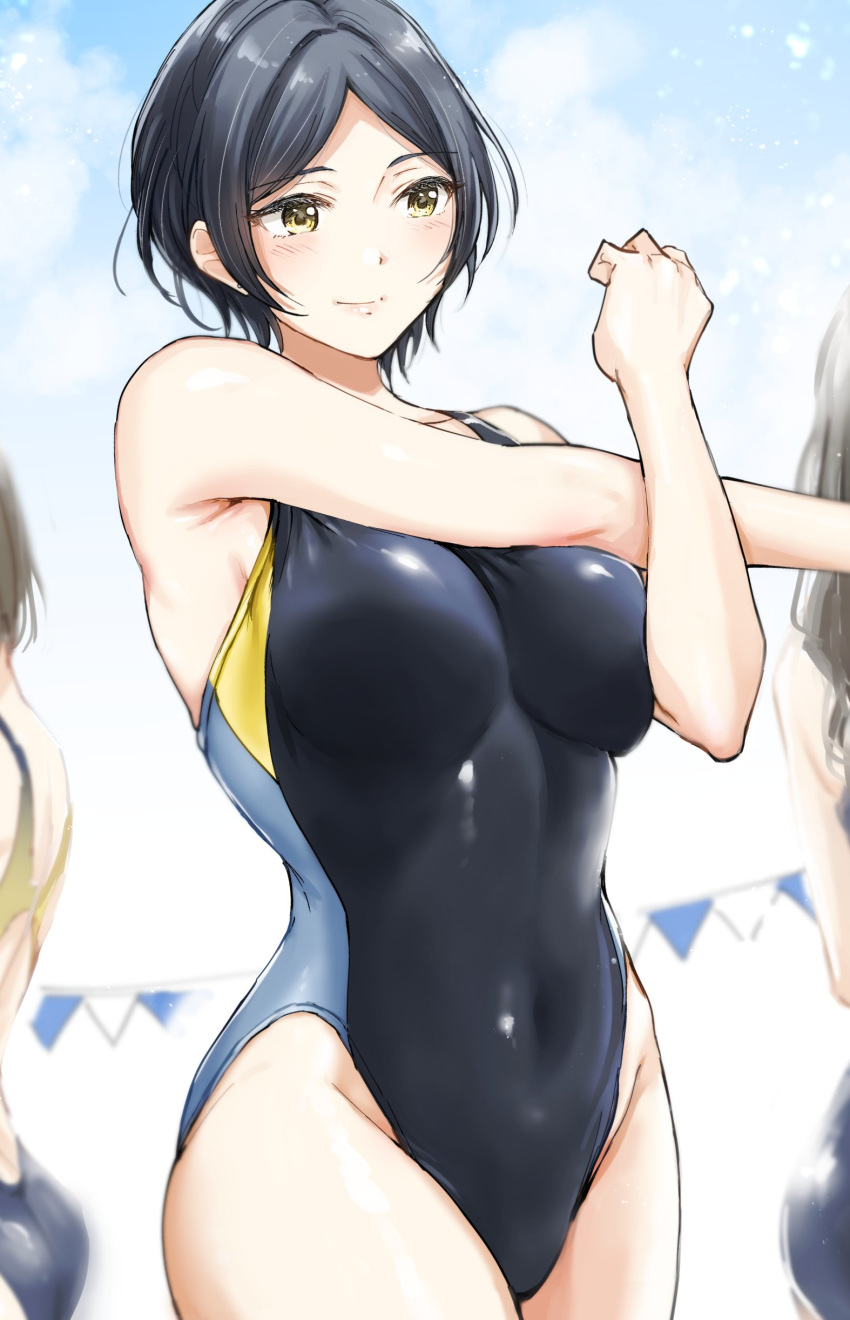 3girls absurdres bangs bare_shoulders black_hair black_swimsuit blue_sky blush breasts closed_mouth commentary competition_swimsuit covered_navel hayami_kanade highleg highleg_swimsuit highres idolmaster idolmaster_cinderella_girls large_breasts looking_to_the_side multiple_girls oimo one-piece_swimsuit parted_bangs short_hair sky smile solo_focus stretch swimsuit thighs yellow_eyes