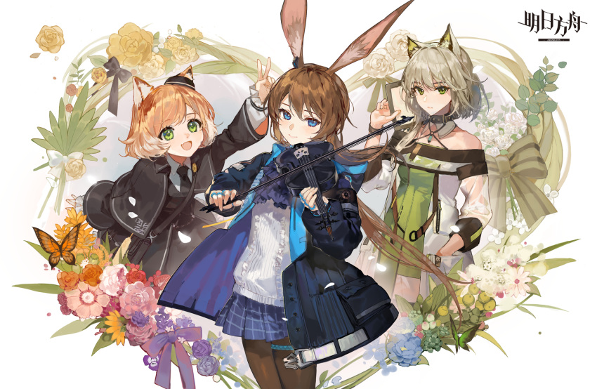3girls :d amiya_(arknights) animal_ear_fluff animal_ears arknights arm_up bangs bare_shoulders black_bow black_capelet black_choker black_headwear black_jacket black_neckwear black_skirt blonde_hair blue_eyes blue_flower blue_jacket blue_neckwear blue_rose blue_skirt blush bow brown_hair brown_legwear bug bunny_ears butterfly capelet cat_ears choker ciloranko commentary copyright_name dress english_commentary eyebrows_visible_through_hair fang flower green_dress green_eyes hair_between_eyes hand_in_pocket hat highres holding holding_instrument insect instrument jacket kal'tsit_(arknights) long_hair long_sleeves looking_at_viewer mini_hat miniskirt mousse_(arknights) multiple_girls music necktie off-shoulder_dress off_shoulder open_clothes open_jacket open_mouth orange_flower orange_rose pantyhose pink_flower pink_rose playing_instrument pleated_skirt purple_flower purple_rose red_flower red_rose rose shirt short_hair silver_hair skirt smile thigh_strap v violin white_background white_flower white_jacket white_rose white_shirt yellow_flower yellow_rose