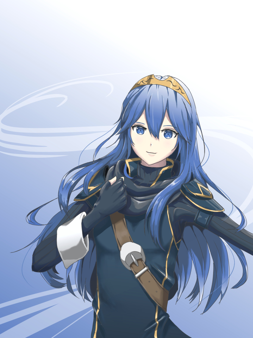 1girl bangs black_gloves blue_background blue_eyes blue_hair closed_mouth fingerless_gloves fire_emblem fire_emblem_awakening floating_hair gloves gradient gradient_background hair_between_eyes hairband highres long_hair looking_at_viewer lucina_(fire_emblem) shiny shiny_hair smile solo tim86231 upper_body very_long_hair white_background yellow_hairband