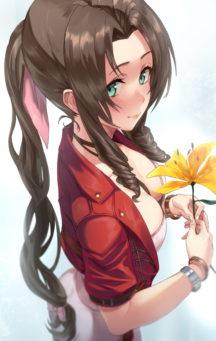 1girl absurdres aerith_gainsborough black_choker blurry blush bracelet breasts brown_hair choker cleavage closed_mouth cropped_jacket depth_of_field downblouse dress elbow_gloves final_fantasy final_fantasy_vii flower from_above from_side fujitsubo_(hujitubo0731) gloves green_eyes hair_ribbon highres holding holding_flower jacket jewelry long_hair looking_at_viewer looking_to_the_side medium_breasts pink_ribbon ponytail red_jacket ribbon ringlets shoes smile solo white_dress yellow_flower