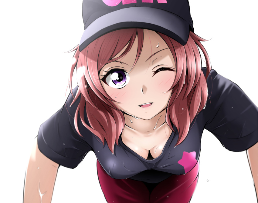 1girl ;d baseball_cap black_headwear black_shirt blush breasts cleavage collarbone cowboy_shot downblouse hat kirisaki_reina long_hair looking_at_viewer love_live! love_live!_school_idol_project medium_breasts nib_pen_(medium) nishikino_maki one_eye_closed open_mouth pants print_shirt purple_eyes red_hair red_pants shiny shiny_hair shirt short_sleeves simple_background smile solo star star_print sweat traditional_media wet wet_clothes wet_shirt white_background