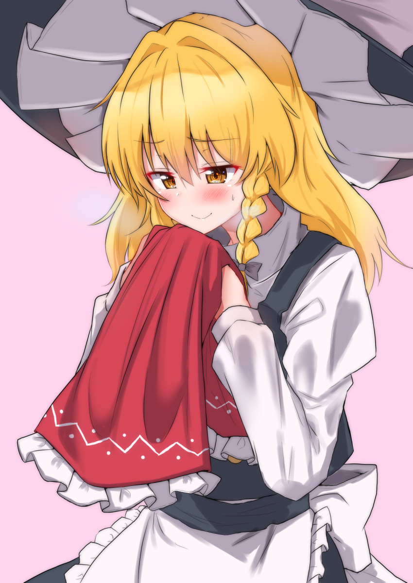 1girl apron blonde_hair bow braid commentary_request eyebrows_visible_through_hair hair_bow hat highres implied_yuri kirisame_marisa long_sleeves mukkushi pink_background shirt simple_background single_braid sleeves_removed smelling solo sweat touhou vest waist_apron waist_bow white_shirt yellow_eyes