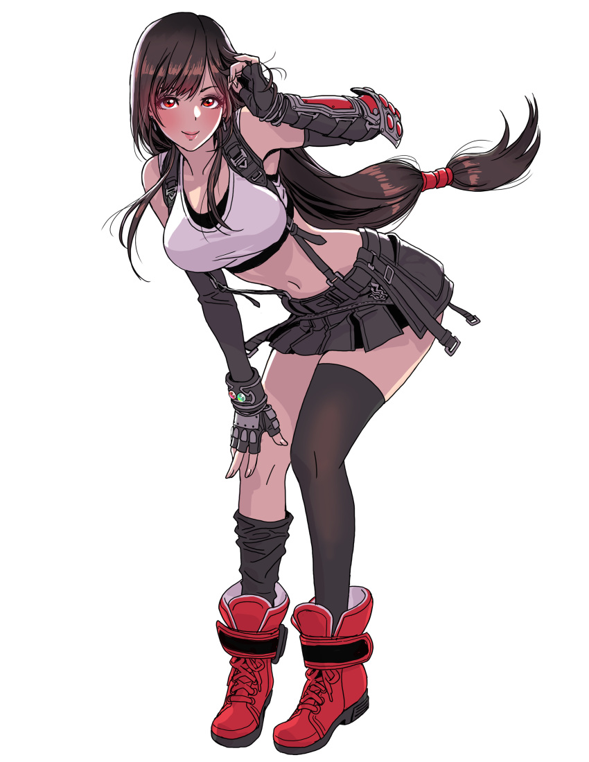 1girl absurdres arm_up asymmetrical_armor boots brown_hair crop_top final_fantasy final_fantasy_vii final_fantasy_vii_remake hair_tie hand_on_thigh highres lips long_hair looking_at_viewer pleated_skirt red_eyes simple_background skirt smile solo suspender_skirt suspenders thighhighs tifa_lockhart very_long_hair white_background yamashita_shun'ya