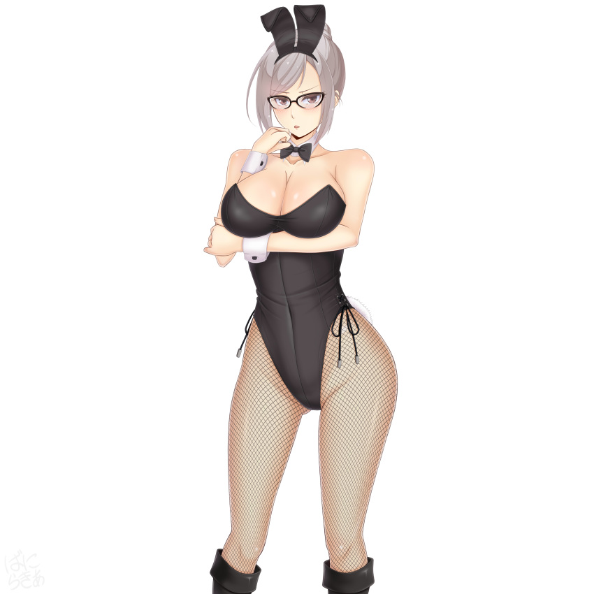 1girl absurdres animal_ears black_footwear black_leotard black_neckwear boots bow bowtie breasts brown_eyes bunny_ears bunny_girl bunny_tail bunnysuit cleavage commentary_request cowboy_shot detached_collar fake_animal_ears fishnet_legwear fishnets glasses hair_bun highres large_breasts leotard long_hair looking_at_viewer pantyhose prison_school sainohikari shiraki_meiko short_hair silver_hair simple_background solo standing strapless strapless_leotard tail white_background wrist_cuffs