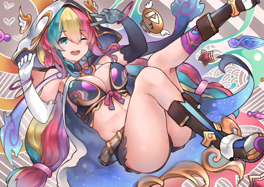 1girl ;d absurdres arms_up ass bare_shoulders belt black_shorts blue_eyes boots breasts cape cleavage crop_top elbow_gloves gloves gold_trim highres hood hooded_cape large_breasts legs_up long_hair looking_at_viewer low_twintails midriff mimi_(picarto.tv) mismatched_gloves multicolored_hair neonbeat one_eye_closed open_mouth picarto.tv revealing_clothes short_shorts shorts sleeveless smile solo stomach thighs twintails v very_long_hair