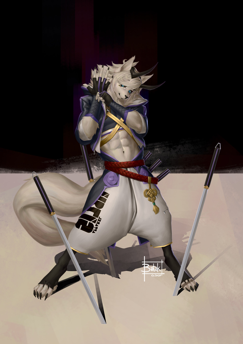 5_fingers abs anthro blue_eyes botak canid canine clawed_toes clothing fingers fox hair hi_res mammal melee_weapon smile solo sword unknown_character weapon white_body