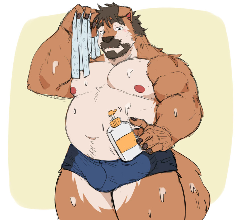 2020 anthro belly brown_body brown_fur bulge canid canine canis clothing domestic_dog fur hi_res humanoid_hands male mammal moobs nipples overweight overweight_male ratontheraccoon simple_background solo underwear wet