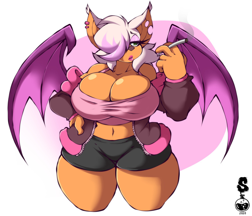 absurd_res big_breasts bottomwear breasts chiropteran cigarette cleavage clothed clothing crop_top female hair hair_over_eye hand_on_hip hi_res hotpants huge_breasts jacket mammal midriff one_eye_obstructed open_jacket rouge_the_bat shirt shorts solo sonic_the_hedgehog_(series) superix thick_thighs topwear wings