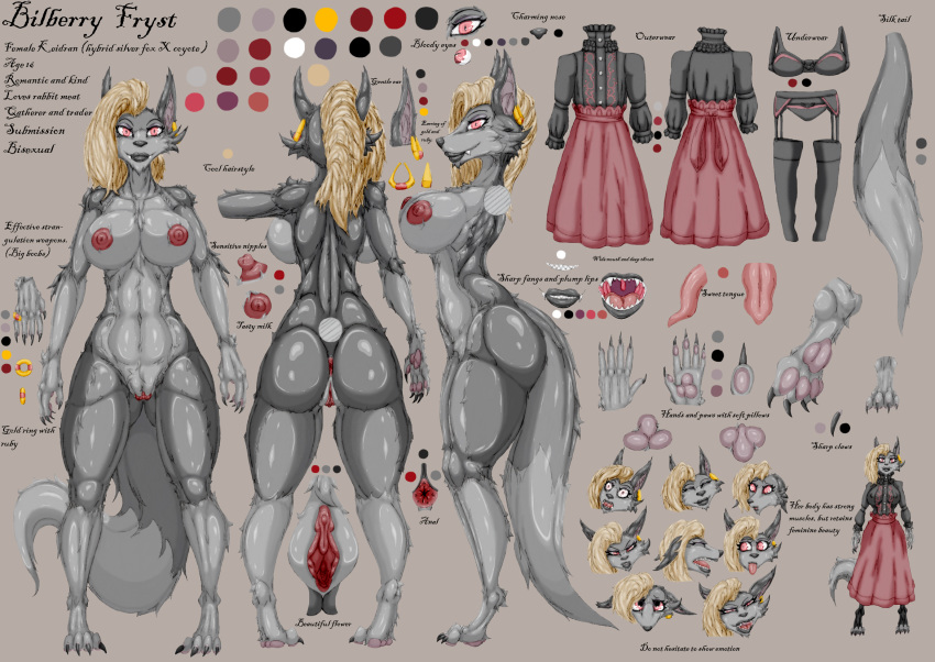 anthro big_breasts big_butt bilberryfryst breasts butt canid canine ear_piercing ear_ring english_text eugeniyburnt fan_character female fox hi_res keidran lips mammal model_sheet nude paws piercing red_fox ring silver_fox solo text tongue twokinds webcomic