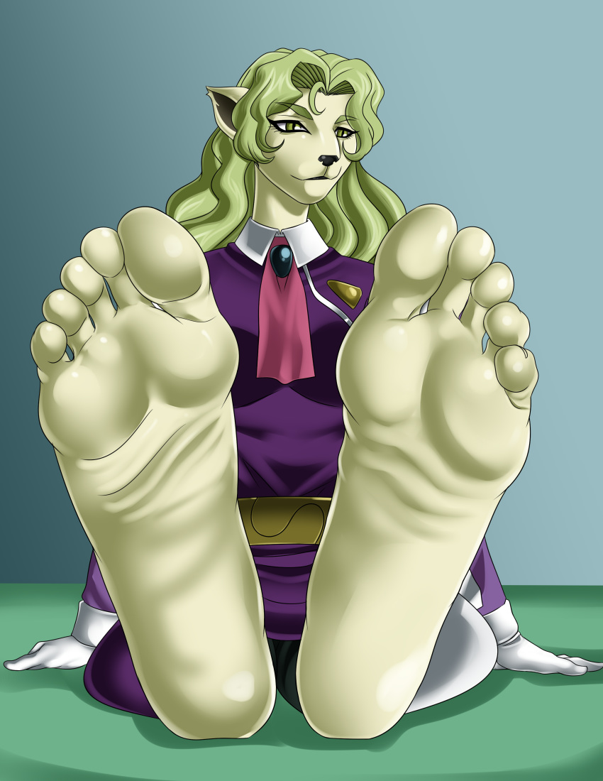 absurd_res anthro barefoot biped breasts clothed clothing domestic_cat elma erma feet felid feline felis female foot_focus fur green_hair hair hi_res humanoid_feet long_hair looking_at_viewer mammal naranjou plantigrade shirt simple_background sitting smile soles solo tenchi_muyo toes topwear white_body white_fur yellow_eyes