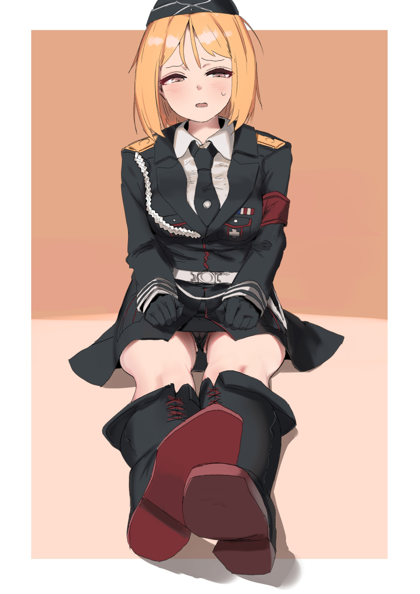 1girl absurdres aiguillette akitaka_takaaki armband belt black_footwear black_gloves black_headwear black_panties black_skirt blonde_hair boots brown_eyes collared_shirt commentary_request garrison_cap german_clothes girls_frontline gloves hat highres long_sleeves military military_uniform mp40_(girls_frontline) necktie panties pantyshot red_armband shirt sitting skirt solo underwear uniform white_shirt