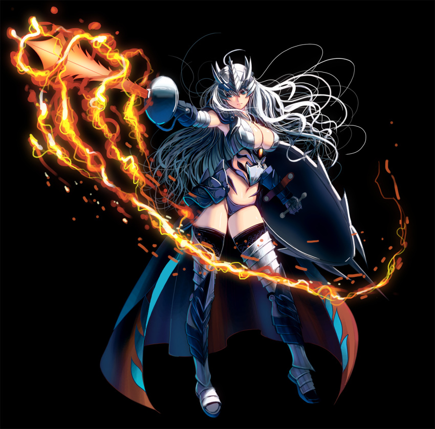 1girl armor bikini_armor bikini_bottom black_background blue_eyes breasts cleavage flaming_sword flaming_weapon forehead_protector full_body gauntlets greaves grey_hair highres hip_armor holding holding_weapon knight large_breasts legs_apart long_hair looking_away masao navel original revision shield shoulder_armor solo standing sword thighhighs thighhighs_under_boots valkyrie waist_cape weapon