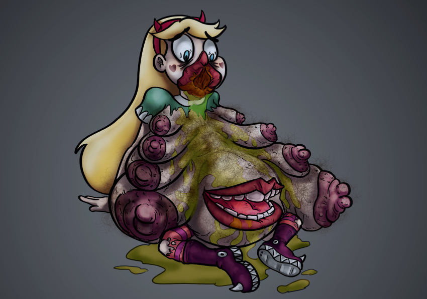 blonde_hair blue_eyes body_modification breast_expansion breasts cheek_marks clothing face_pussy female hair hi_res humanoid monster monstrous_humanoid multi_breast nightmare_fuel pinkboi335 slime solo star_butterfly star_vs._the_forces_of_evil stomach_mouth torn_clothing transformation trash weight_gain what_has_magic_done