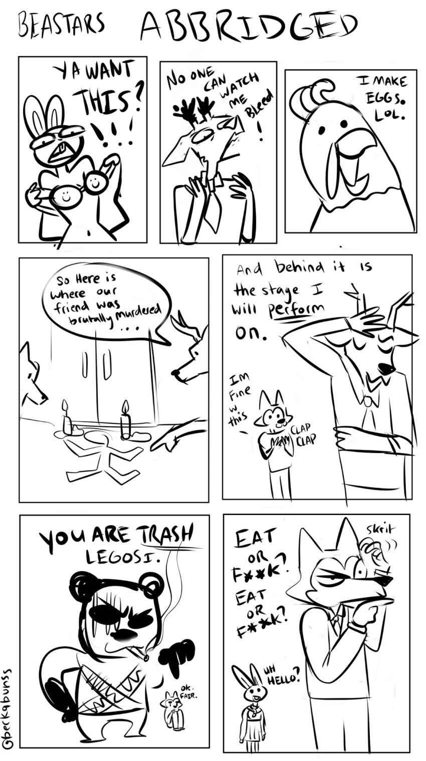 ... 2020 ? antlers avian beastars beckabunss bird black_and_white blood bodily_fluids buckteeth canid canine canis cervid chicken clothed clothing comic confusion dialogue english_text fully_clothed galliform gallus_(genus) giant_panda gouhin haru_(beastars) hi_res horn legom_(beastars) legoshi_(beastars) louis_(beastars) mammal monochrome navel phasianid speech_bubble teeth text ursid wolf