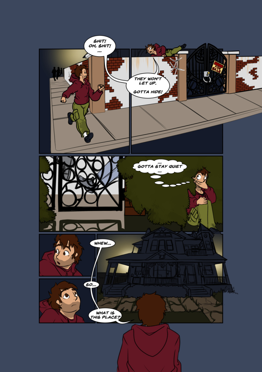 brown_eyes brown_hair building clothed clothing comic dialogue digital_media_(artwork) english_text group hair halcy0n hi_res hiding house human jacket male mammal open_mouth outside plant running sky solo_focus standing teeth text topwear