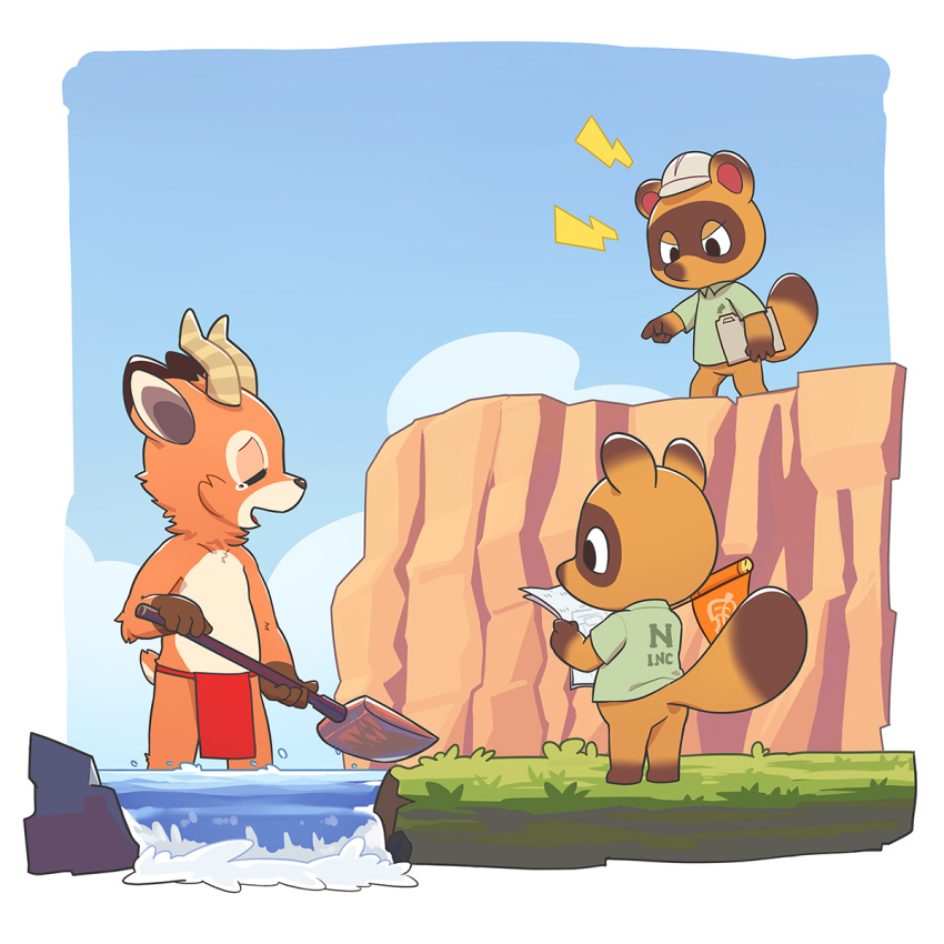 1:1 2020 animal_crossing anthro armor asian_clothing beau_(animal_crossing) brown_body brown_fur canid canine cervid chibi clothing detailed_background east_asian_clothing eyes_closed fultemounte fundoshi fur group hard_hat headgear helmet hi_res humanoid_hands japanese_clothing kemono mammal nintendo outside raccoon_dog shirt tanuki timmy_nook tommy_nook topwear underwear video_games water