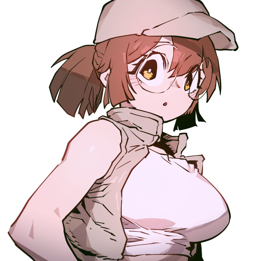 1girl brown_eyes brown_hair fio_germi glasses highres idohj12 looking_at_viewer metal_slug ponytail round_eyewear short_hair short_ponytail simple_background solo tank_top upper_body vest white_background white_tank_top