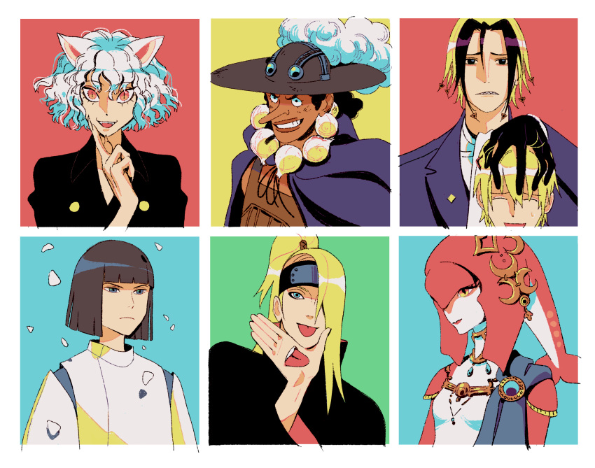 1girl 1other 5boys absurdres animal_ears bangs black_eyes black_gloves black_hair black_headwear blonde_hair blue_background blue_eyes blunt_bangs cat_ears deidara fins fish_girl gloves green_background haku_(sen_to_chihiro_no_kamikakushi) hand_mouth hand_on_another's_head hat highres hunter_x_hunter katsuragi_yako long_hair long_nose majin_tantei_nougami_neuro mipha multicolored multicolored_skin multiple_boys naruto naruto_(series) neferpitou nougami_neuro one_piece red_background red_eyes sarakipin sen_to_chihiro_no_kamikakushi short_hair six_fanarts_challenge the_legend_of_zelda the_legend_of_zelda:_breath_of_the_wild usopp white_hair yellow_background yellow_eyes zora