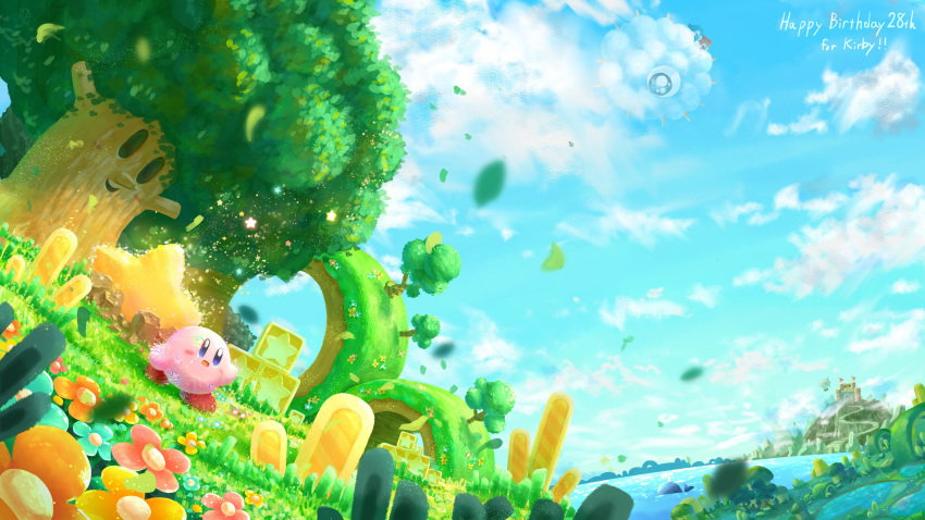 absurdres aircraft block blue_sky castle cloud crying crying_with_eyes_open dirigible flower grass highres hill kirby kirby:_star_allies kirby_(series) kracko lalala_(kirby) leaves_in_wind lololo_(kirby) mountain ocean pond sky smile star tears transformation tree tyutaka0427 void_termina whale whispy_woods
