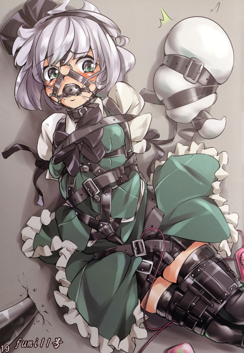 1girl absurdres ball_gag bdsm bondage bound collar fumi11gou gag gagged green_eyes highres konpaku_youmu konpaku_youmu_(ghost) saliva short_hair silver_hair solo touhou