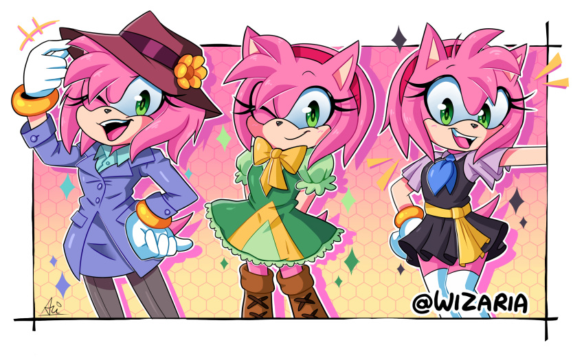 2020 accessory alternate_costume amy_rose anthro clothing dress eulipotyphlan female flower footwear gloves green_eyes hair hair_accessory hairband handwear hat headgear headwear hedgehog hi_res mammal one_eye_closed open_mouth open_smile pink_hair plant pose signature smile sonic_the_hedgehog_(series) video_games wink wizaria