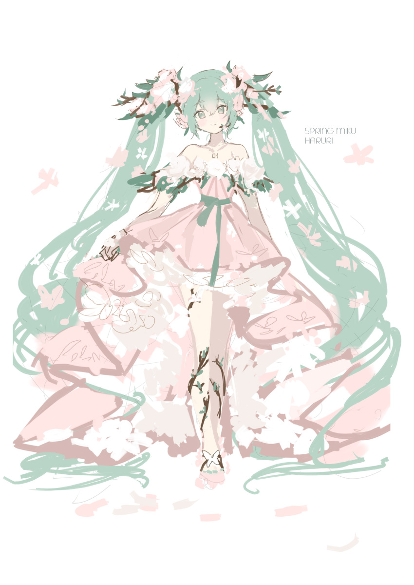 1girl absurdly_long_hair absurdres aqua_eyes aqua_hair bare_shoulders branch butterfly_ornament commentary dress flower frilled_dress frills full_body hair_branch hair_flower hair_ornament haruri hatsune_miku headset highres long_hair looking_at_viewer pink_dress sketch smile strapless strapless_dress twintails very_long_hair vocaloid white_background