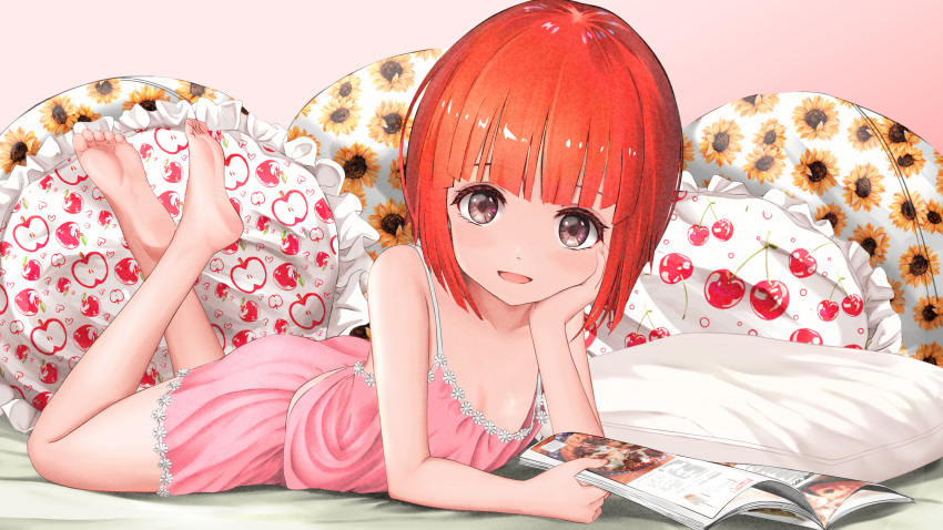 1girl absurdres akai_ringo_(ookami-san) apple_print bangs bare_legs barefoot brown_eyes cherry_print commentary_request crossed_ankles feet feet_up flat_chest floral_print food_print frilled_pillow frills gibun_(sozoshu) hand_on_own_cheek hand_on_own_face highres looking_at_viewer lying on_bed on_stomach ookami-san open_magazine open_mouth pillow pink_babydoll pink_shorts print_pillow red_hair shiny shiny_hair short_hair shorts smile soles solo sunflower_print tareme the_pose