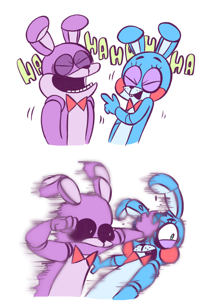2016 4_fingers animatronic anthro attack black_sclera blue_body bonnie_(fnaf) bow_tie buckteeth crush duo english_text eyes_closed fight fingers five_nights_at_freddy's five_nights_at_freddy's_2 gesture green_eyes hand_on_face hi_res lagomorph laugh leporid machine male mammal mitsubachipan motion_blur motion_lines open_mouth pointing pointing_at_another punch purple_body rabbit robot rosy_cheeks simple_background teeth text toony toy_bonnie_(fnaf) video_games white_background
