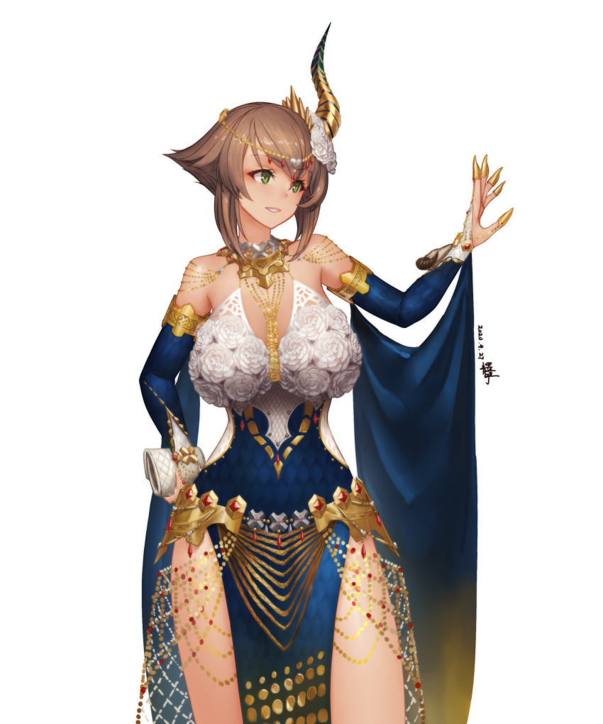 1girl absurdres alternate_costume bare_shoulders blush breasts brown_hair cleavage cosplay detached_sleeves dragon_girl dragon_horns dress eyebrows_visible_through_hair flower hair_between_eyes hair_ornament highres horns jewelry kantai_collection kulve_taroth large_breasts monster_hunter monster_hunter:_world mutsu_(kantai_collection) open_mouth personification qingmingtongzi scales short_hair simple_background smile solo standing two-tone_dress white_flower