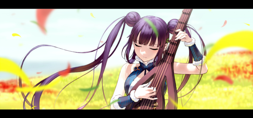 1girl bangs bare_shoulders black_border blunt_bangs blurry blurry_background blurry_foreground border breasts china_dress chinese_clothes closed_eyes day double_bun dress fate/grand_order fate_(series) fur_trim hair_ornament hair_rings instrument leaf leaf_hair_ornament long_hair music outdoors pipa_(instrument) playing_instrument purple_hair shiragixx sidelocks sleeveless sleeveless_dress smile solo twintails upper_body yang_guifei_(fate/grand_order)