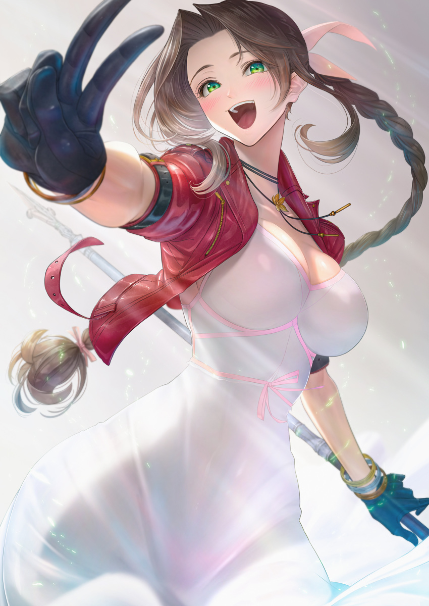 1girl aerith_gainsborough bangs black_gloves blush bow bracelet braid breasts brown_hair cleavage cropped_jacket dress final_fantasy final_fantasy_vii final_fantasy_vii_remake gloves green_eyes hair_bow hair_intakes highres imizu_(nitro_unknown) jacket jewelry large_breasts light_rays long_dress long_hair looking_at_viewer necklace open_clothes open_jacket open_mouth outstretched_arm parted_bangs pink_bow pink_dress red_jacket short_sleeves smile solo staff v