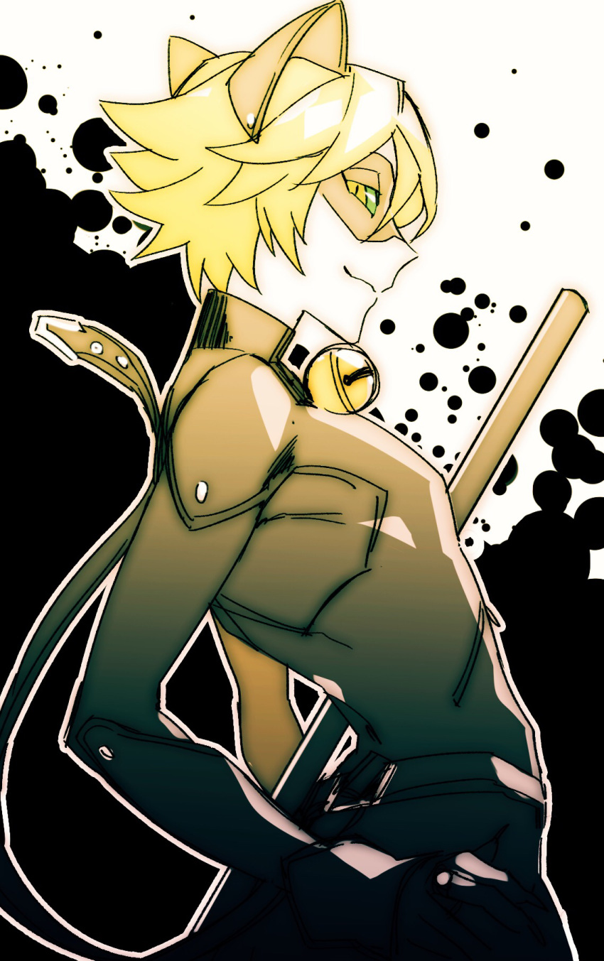 1boy adrien_agreste animal_ears arched_back bell bell_collar blonde_hair bodysuit bow_(weapon) cat_ears chat_noir closed_mouth collar fake_animal_ears flipped_hair from_side green_sclera hand_on_hip highres looking_at_viewer male_focus miraculous_ladybug sabu_(sa-bu) simple_background smile solo upper_body weapon white_background yellow_eyes