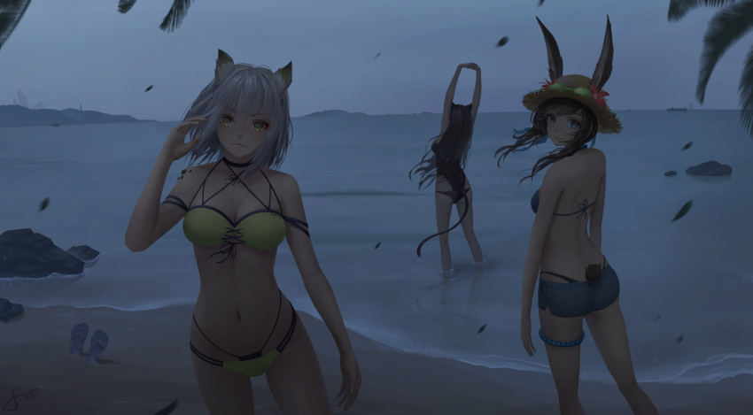 3girls amiya_(arknights) animal_ears arknights arms_up ass bangs bare_arms bare_shoulders beach bikini black_bikini black_swimsuit blue_eyes blue_shorts brown_hair bunny_ears cat_ears cat_tail chinese_commentary commentary_request cowboy_shot ears_through_headwear eyebrows_visible_through_hair feet_out_of_frame flip-flops flower from_behind goggles goggles_on_headwear green_bikini green_eyes hand_up hat hat_flower highres jay_xu kal'tsit_(arknights) long_hair looking_at_viewer looking_back multi-strapped_panties multiple_girls navel night night_sky ocean one-piece_swimsuit ore_lesion_(arknights) red_flower rock sandals short_hair short_shorts shorts silver_hair sky skyfire_(arknights) smile soaking_feet standing stomach stretch sun_hat swimsuit tail thighlet thighs water