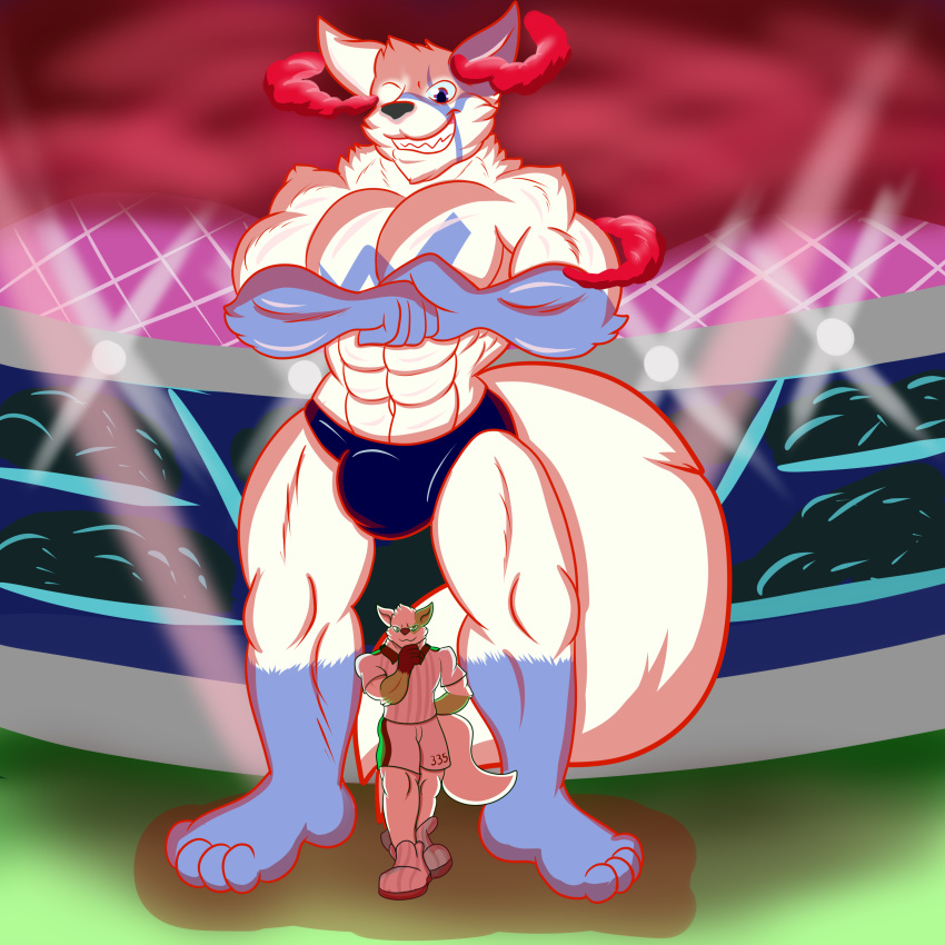 1:1 abs absurd_res aladar_(character) anthro bulge duo dynamax fur hi_res macro male male/male muscular nintendo pok&eacute;mon pok&eacute;mon_(species) shintarouinugami stadium video_games white_body white_fur zangoose zangwaffle