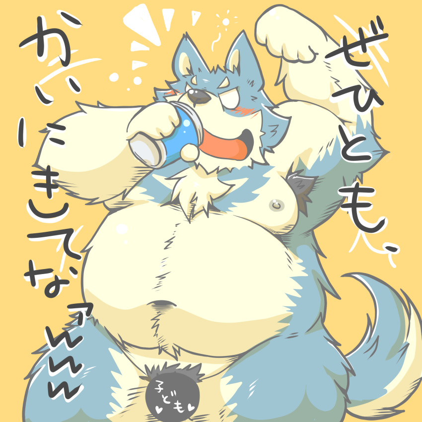 1:1 2014 anthro belly blue_body blue_fur blush canid canine canis domestic_dog fur hi_res japanese_text kemono male mammal moobs navel nipples overweight overweight_male pubes simple_background solo suishou0602 text