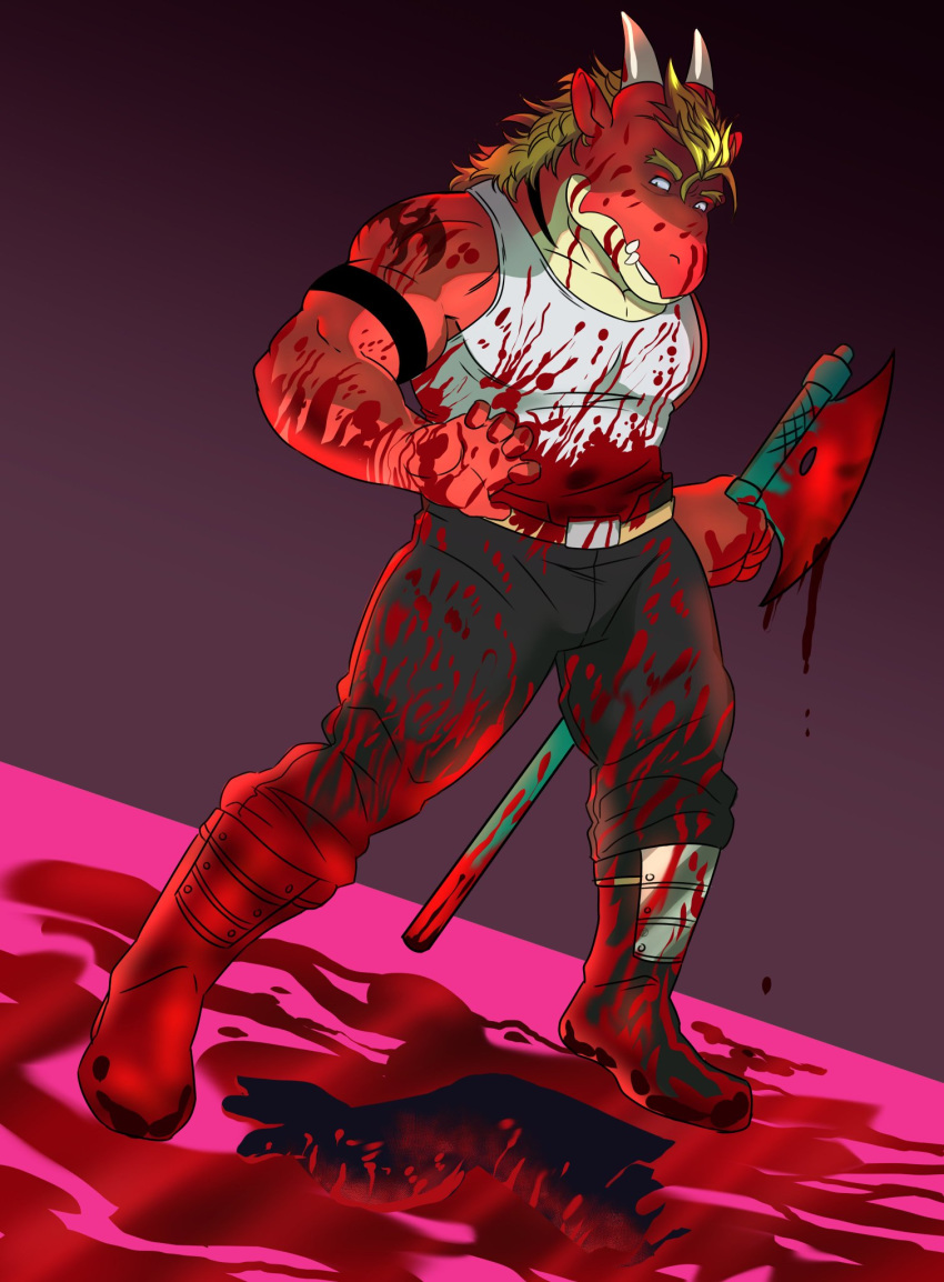 anthro axe blood bodily_fluids boots clothing delga dragon fangs fdolagaray footwear hi_res horn male melee_weapon muscular scared severed_limb solo tattoo weapon