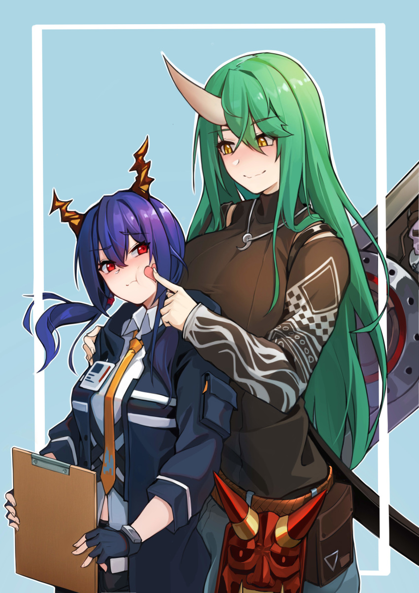 2girls :t absurdres alternate_costume arknights bangs belt black_gloves black_jacket black_shirt blue_background blue_hair blush breasts brown_belt ch'en_(arknights) cheek_poking chinese_commentary clipboard commentary_request dragon_horns eyebrows_visible_through_hair fingerless_gloves gloves green_hair grey_pants hair_between_eyes head_tilt highres holding holding_clipboard horn horns hoshiguma_(arknights) iku!_iku!! jacket jewelry large_breasts long_hair long_sleeves looking_at_another low_twintails magatama magatama_necklace mask medium_breasts multiple_girls necklace necktie oni_mask outline pants poking pouch red_eyes shirt simple_background smile twintails upper_body very_long_hair white_outline white_shirt wing_collar yellow_eyes yellow_neckwear