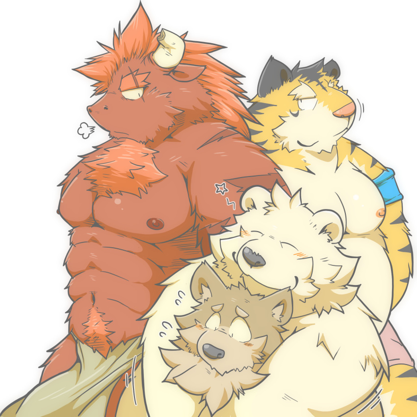 1:1 2014 alpha_channel anthro belly black_nose blush bovid bovine canid canine canis cattle clothing domestic_dog eyes_closed felid group hi_res hug hugging_from_behind kemono loincloth male mammal moobs muscular nipples overweight overweight_male pantherine simple_background suishou0602 tiger transparent_background underwear ursid