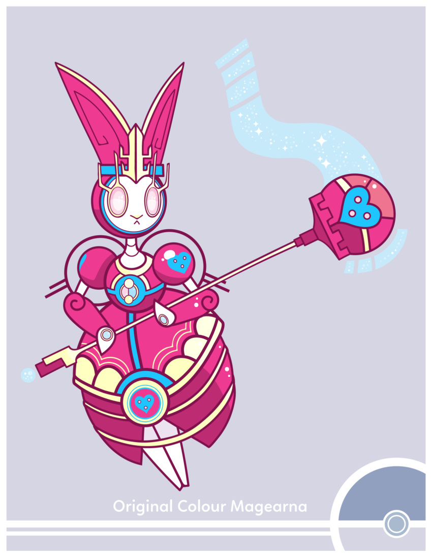 bunny bunny_focus character_name commentary cosmopoliturtle creature english_commentary frown gen_7_pokemon grey_background highres holding holding_scepter magearna magearna_(original) mythical_pokemon no_humans pink_eyes pokemon pokemon_(creature) scepter simple_background solo