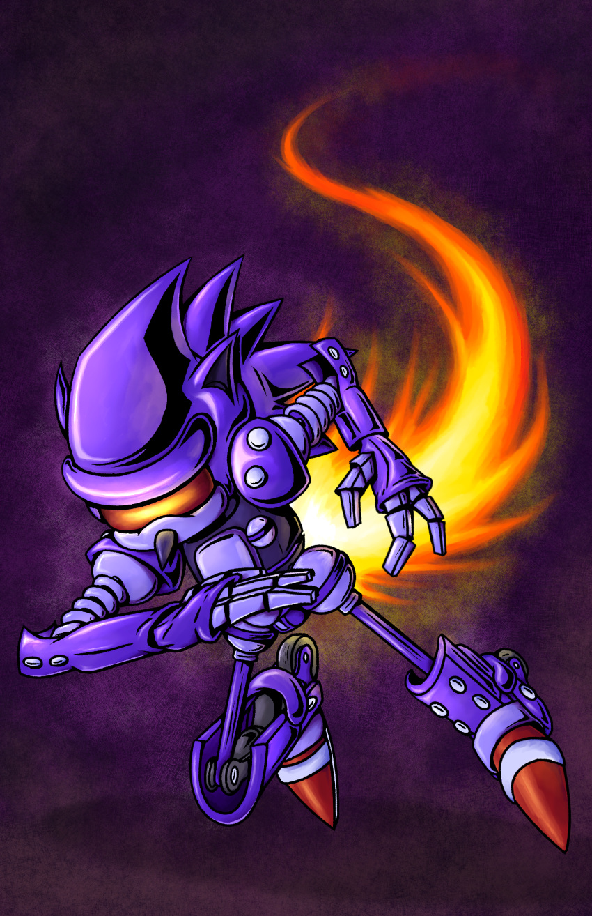 absurd_res blue_body blue_skin eulipotyphlan fire flying hedgehog hi_res machine male mammal mecha_sonic purple_background red_eyes robot simple_background sirlenward sonic_the_hedgehog_(series) super_mario_bros._z