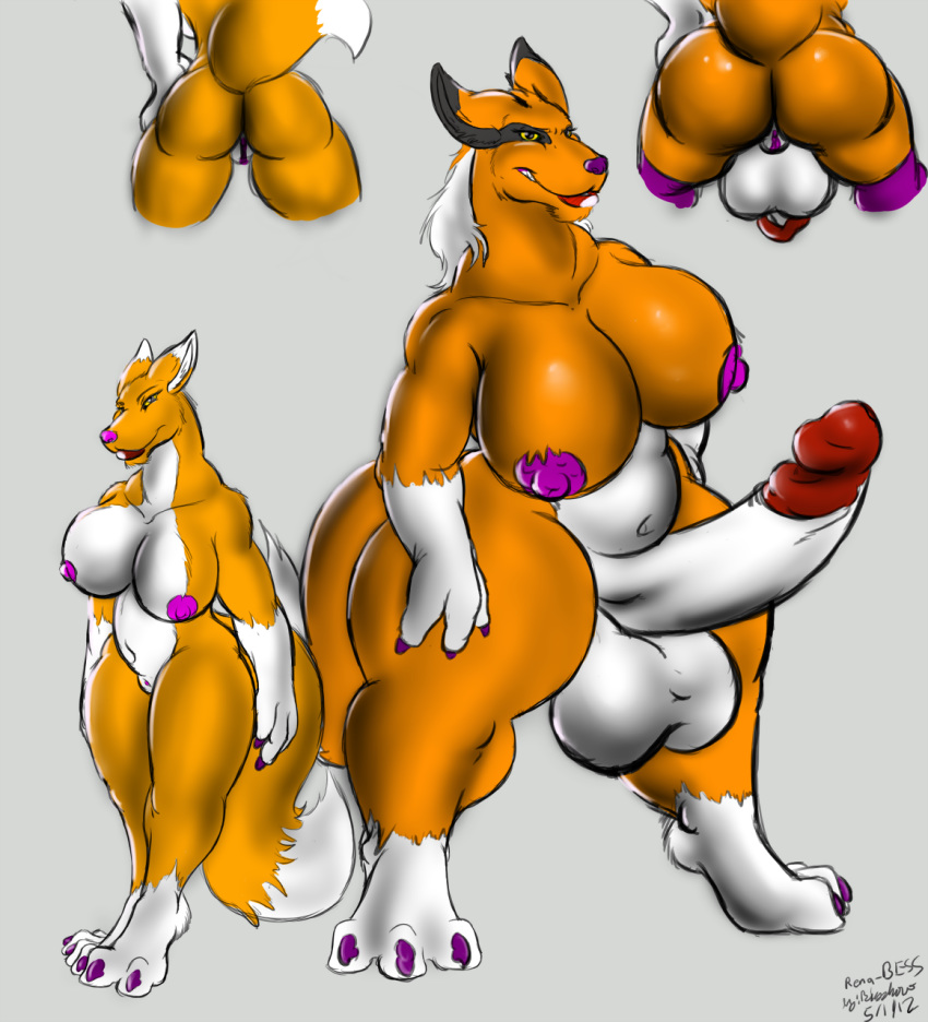 balls bess-dgm(r) bess_project big_balls big_breasts big_hipped bigshow breasts digimon digimon_(species) female genitals herm hi_res hyper intersex pillarbox rear_view renamon transformation