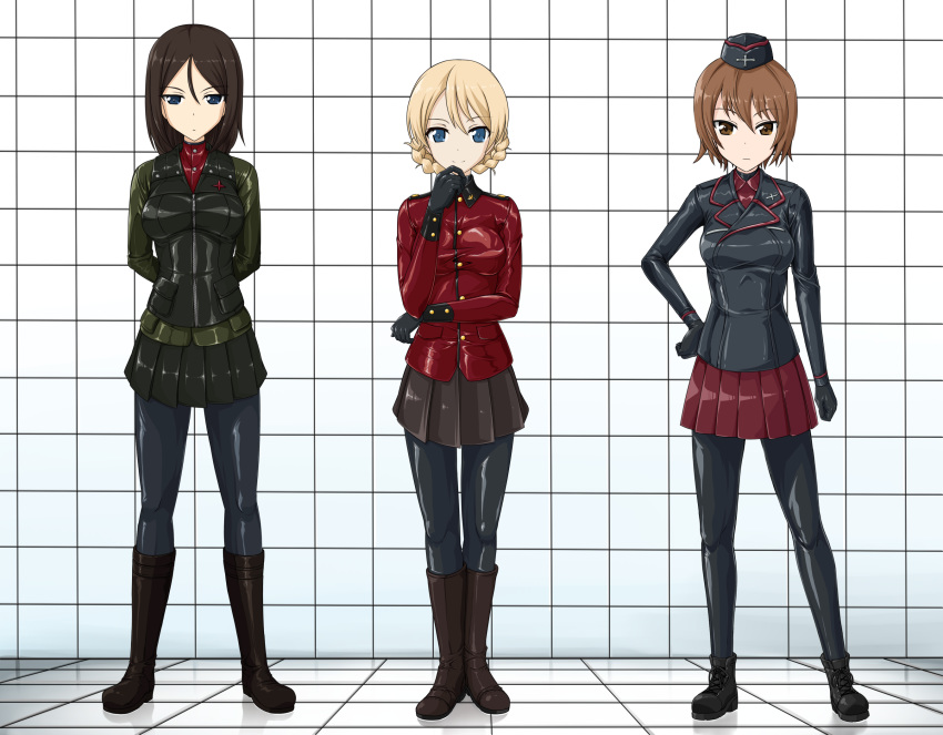 3girls adapted_costume arm_at_side arms_behind_back blonde_hair blue_eyes bodysuit bodysuit_under_clothes boots braid brown_eyes brown_hair commentary_request contrapposto darjeeling_(girls_und_panzer) epaulettes expressionless eyebrows_visible_through_hair garrison_cap girls_und_panzer hair_between_eyes hand_on_hip hat highres kuromorimine_military_uniform latex latex_bodysuit legs_apart legs_together looking_at_viewer military military_uniform multiple_girls nishizumi_maho nonna_(girls_und_panzer) pravda_military_uniform shiny shiny_clothes short_hair skin_tight smile st._gloriana's_military_uniform tamakko twin_braids uniform zipper