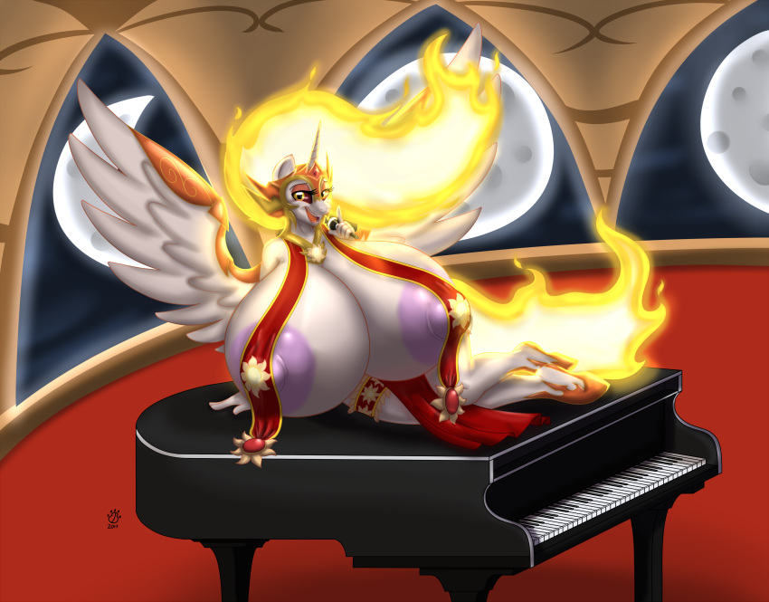 absurd_res amber_eyes anthro anthrofied areola big_breasts blues64 breasts daybreaker_(mlp) equid fire flaming_hair friendship_is_magic full_moon grand_piano hi_res horn huge_breasts hyper hyper_breasts keyboard_instrument mammal marauder6272 microphone moon musical_instrument my_little_pony nipple_outline nipples piano pose pseudo_hair red_sclera story story_in_description winged_unicorn wings