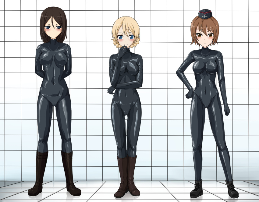 3girls arm_at_side arms_behind_back blonde_hair blue_eyes bodysuit boots braid brown_eyes brown_hair commentary_request contrapposto darjeeling_(girls_und_panzer) expressionless eyebrows_visible_through_hair garrison_cap girls_und_panzer hair_between_eyes hand_on_hip hat highres latex latex_bodysuit legs_apart legs_together looking_at_viewer multiple_girls nishizumi_maho nonna_(girls_und_panzer) shiny shiny_clothes short_hair skin_tight smile tamakko twin_braids zipper