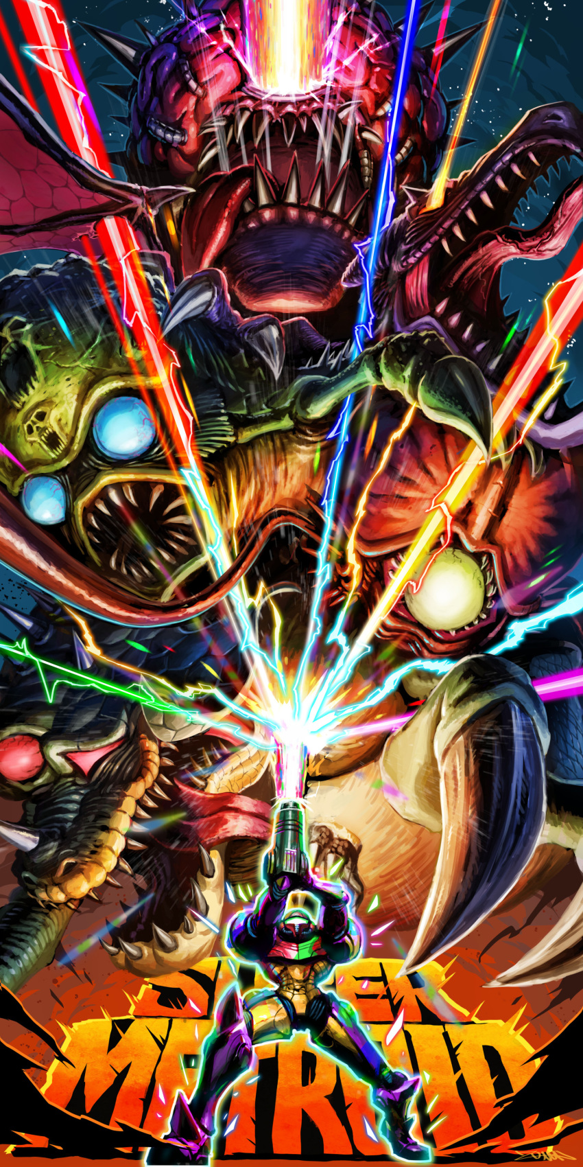 1girl absurdres blue_eyes claws draygon exposed_brain gravity_suit highres kraid laser_beam metroid mother_brain phantoon red_eyes ridley samus_aran scales sharp_teeth super_metroid teeth tentacles tongue tongue_out wings yasukuni_kazumasa yellow_eyes