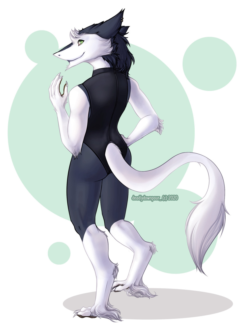 anthro butt clothed clothing crossdressing deadlydownpour girly hi_res humanoid kinjagh leotard male one-piece_swimsuit piercing presenting presenting_hindquarters sergal solo speedo swimwear